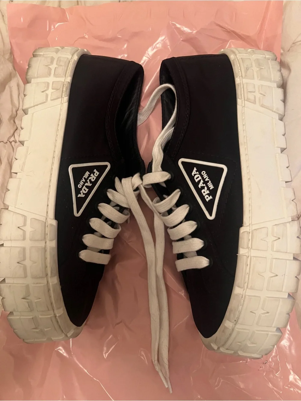 PRADA Double Wheel Re-Nylon Gabardine Sneakers -Black/White